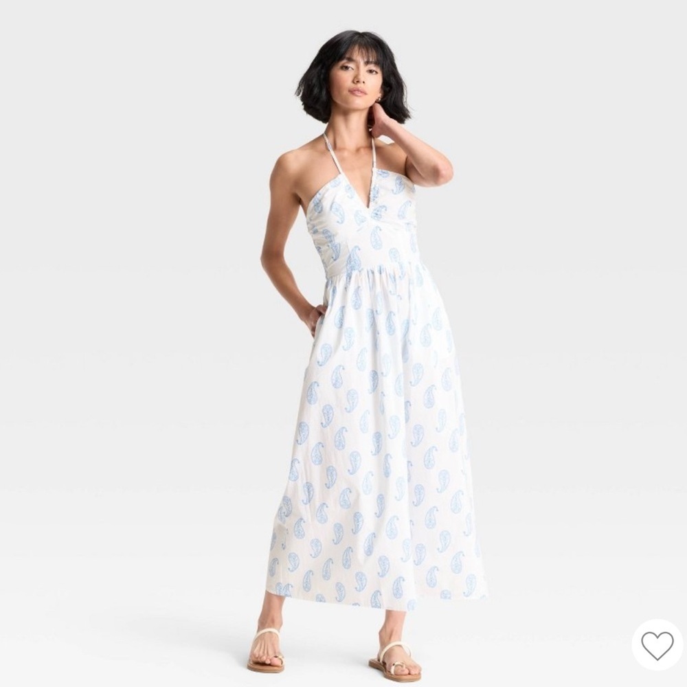 Universal Theread Maxi Halter A-Line Dress White & Blue Paisley Print Size M NWT